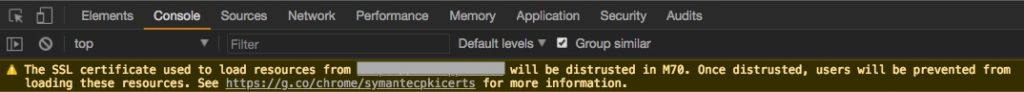 Certificat SSL bloqué, message dans le DevTool de Chrome