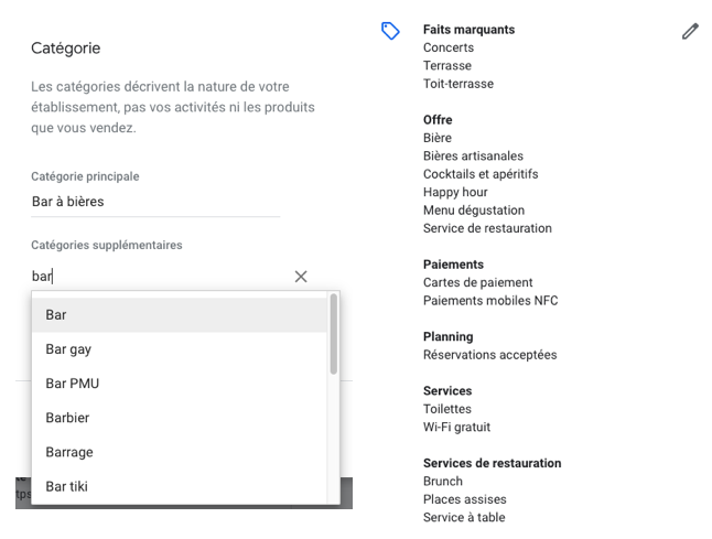 catégories google my business