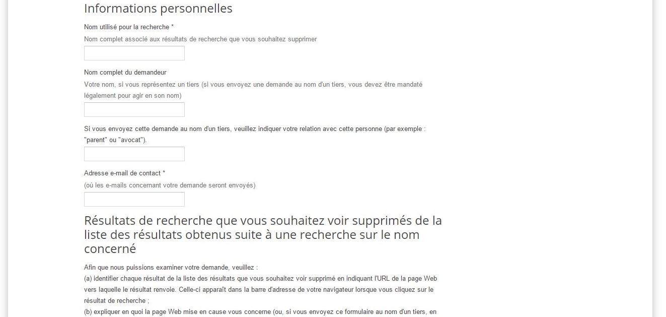 Formulaire droit à l'oubli